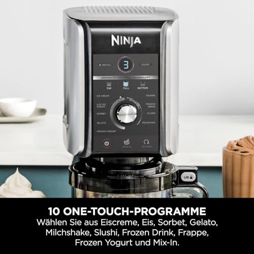 N i-nja CREAMi Deluxe NC501EU – Eis- & Getränkemaschine, 10 Funktionen, 3 Becher, Eiscreme, Gelato, Sorbet, Shakes, Slushies, 2-in-1 Geschmack, Silber