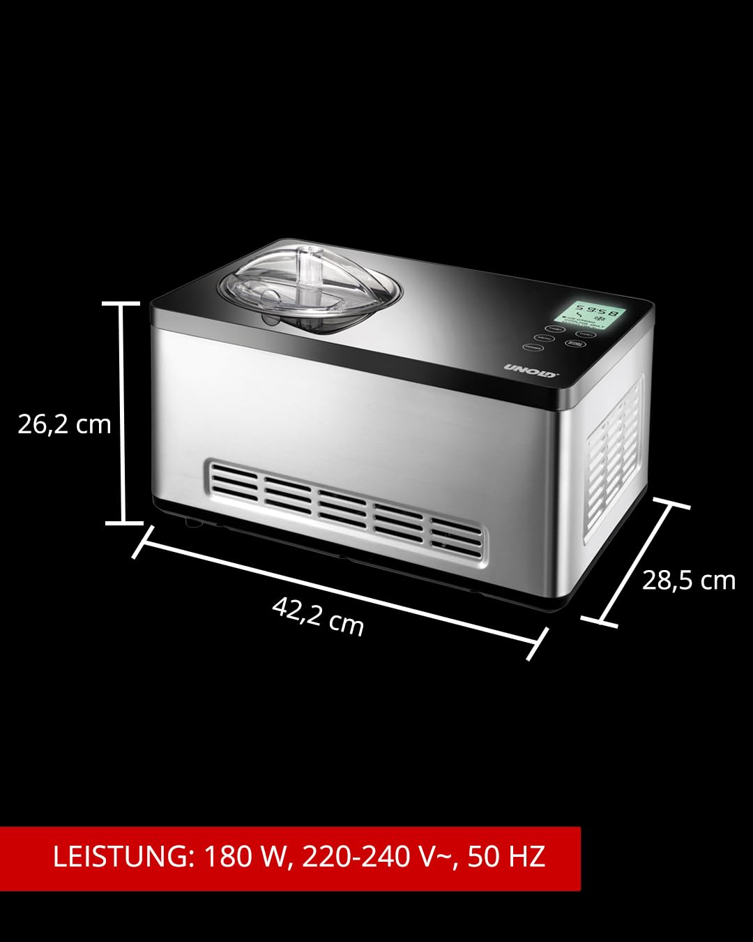 U NOLD 48845 Eismaschine Gusto - mit selbstkühlendem Kompressor, 180 W, 2 L Volumen, elegantes Edelstahlgehäuse, LCD-Display, Digitaler Timer