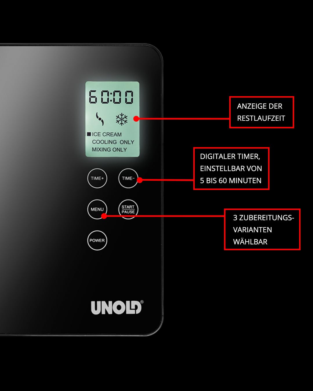 U NOLD 48845 Eismaschine Gusto - mit selbstkühlendem Kompressor, 180 W, 2 L Volumen, elegantes Edelstahlgehäuse, LCD-Display, Digitaler Timer