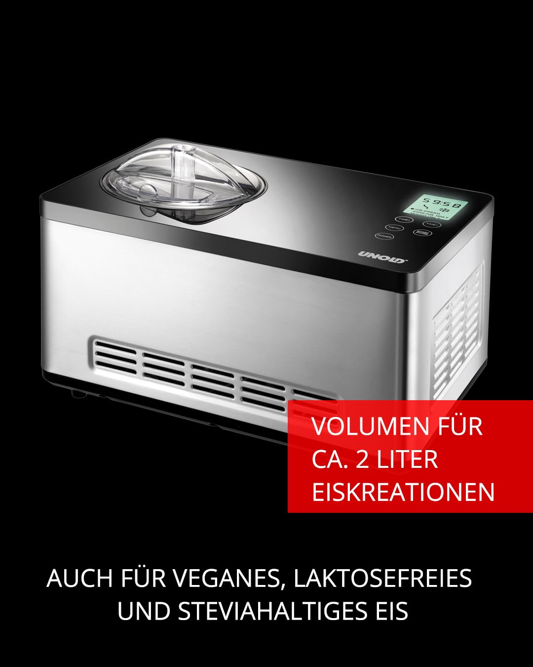 U NOLD 48845 Eismaschine Gusto - mit selbstkühlendem Kompressor, 180 W, 2 L Volumen, elegantes Edelstahlgehäuse, LCD-Display, Digitaler Timer