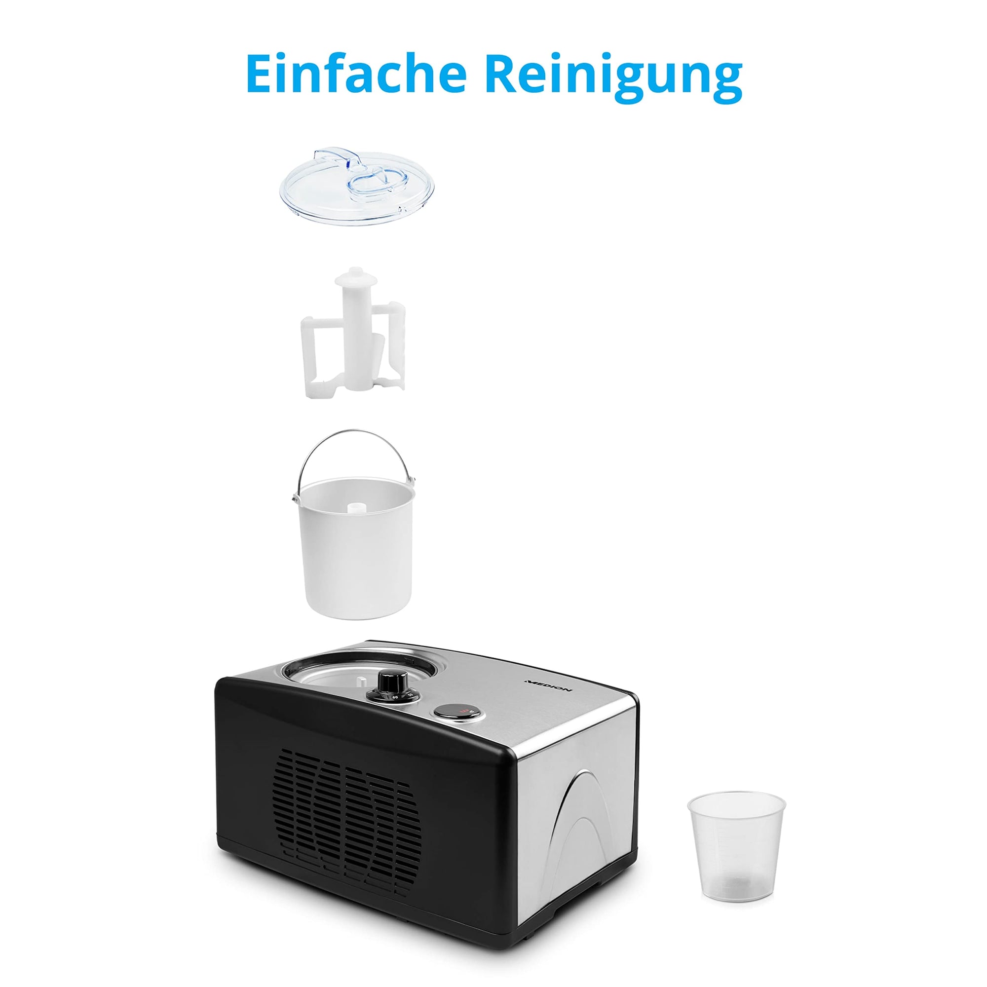 M E DION Eismaschine mit Kompressor (selbstkühlend, geeignet für die Zubereitung von Eiscreme, Frozen Yoghurt & Sorbet, 1,5 Liter, 150 Watt, MD 18387)