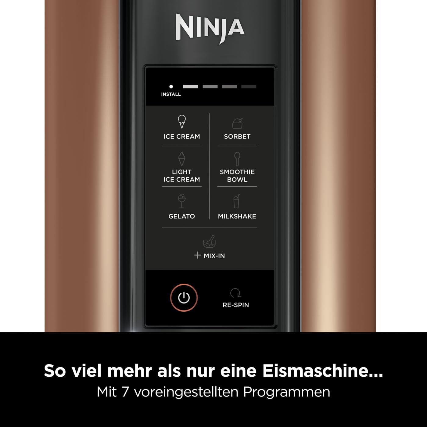 N i-nja CREAMi NC300EUCP – Eismaschine & Dessert Maker, 7 Programme, 3 Behälter, 1,4 L Eis, Eiscreme, Sorbet, Shakes, Smoothie Bowl – Schwarz/Kupfer
