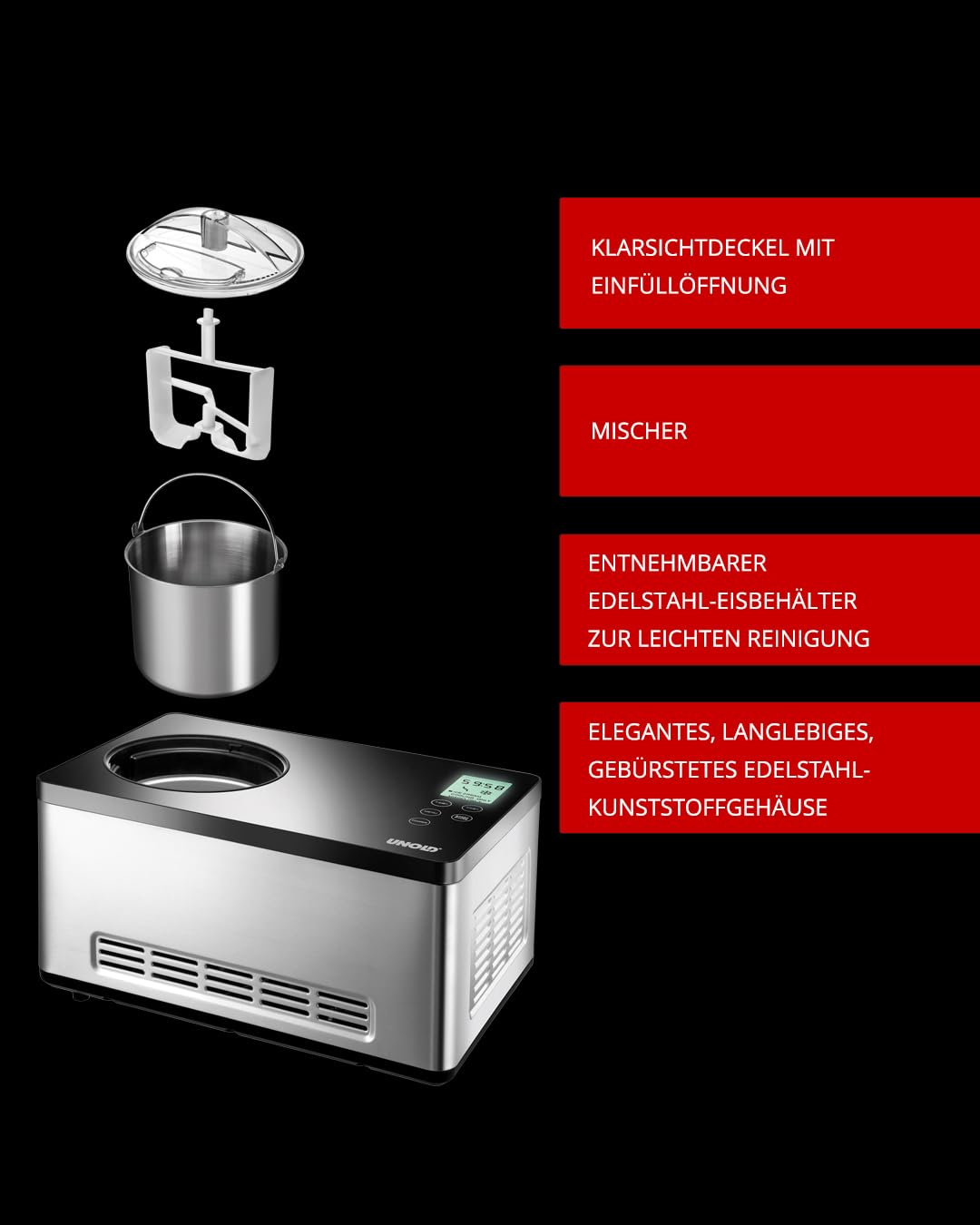 U NOLD 48845 Eismaschine Gusto - mit selbstkühlendem Kompressor, 180 W, 2 L Volumen, elegantes Edelstahlgehäuse, LCD-Display, Digitaler Timer