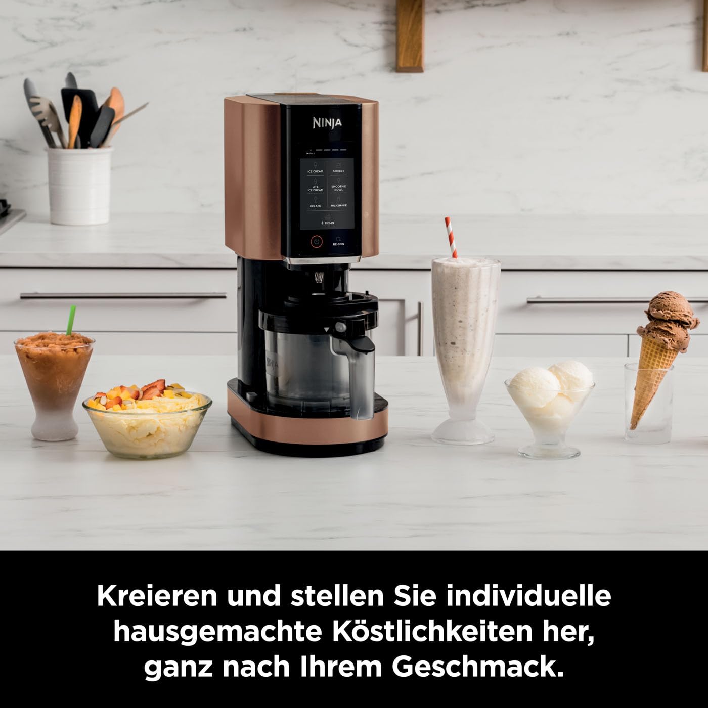 N i-nja CREAMi NC300EUCP – Eismaschine & Dessert Maker, 7 Programme, 3 Behälter, 1,4 L Eis, Eiscreme, Sorbet, Shakes, Smoothie Bowl – Schwarz/Kupfer