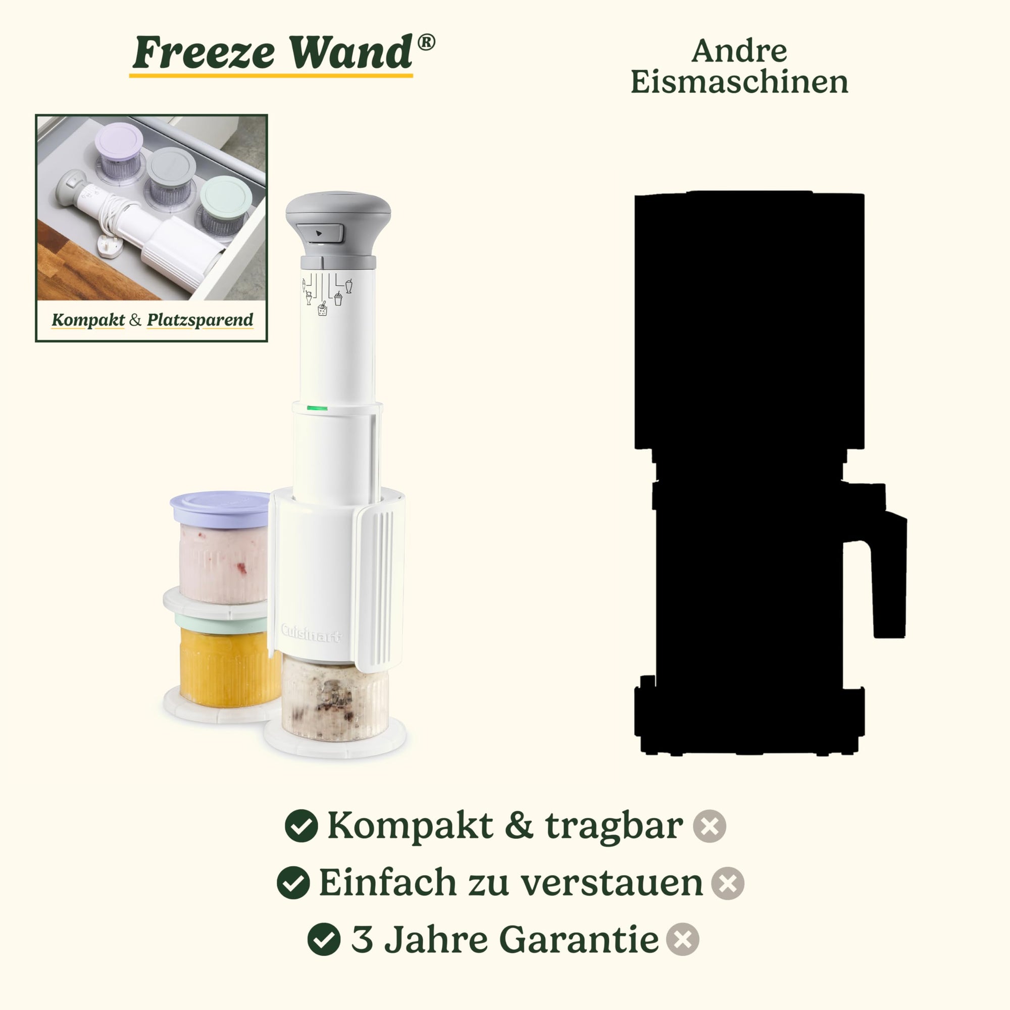 Cuisin Art FreezeWand – 5in1 Eismaschine für Eis, Sorbet, Shakes & Slush, 3 Becher, vegan, laktosefrei, proteinreich, 5 Min, kompakt & tragbar