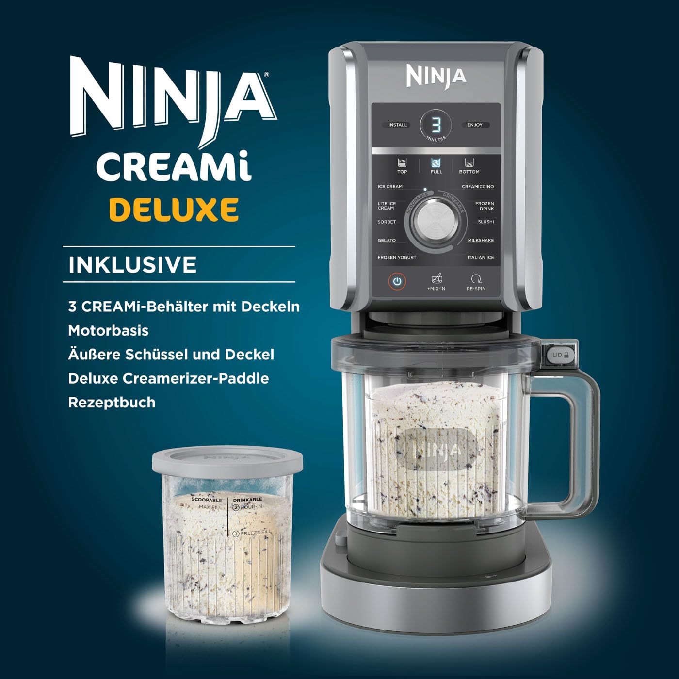 N i-nja CREAMi Deluxe NC501EU – Eis- & Getränkemaschine, 10 Funktionen, 3 Becher, Eiscreme, Gelato, Sorbet, Shakes, Slushies, 2-in-1 Geschmack, Silber