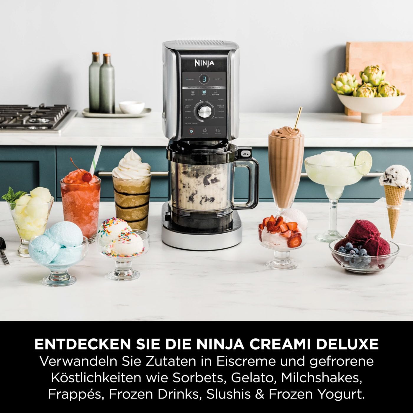 N i-nja CREAMi Deluxe NC501EU – Eis- & Getränkemaschine, 10 Funktionen, 3 Becher, Eiscreme, Gelato, Sorbet, Shakes, Slushies, 2-in-1 Geschmack, Silber