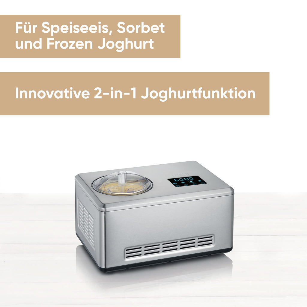 S EVE RIN EZ 7406 – 2-in-1 Eismaschine mit Joghurtfunktion, Kompressor, für Eis, Sorbet & Frozen Joghurt, 2 Behälter, Edelstahl gebürstet
