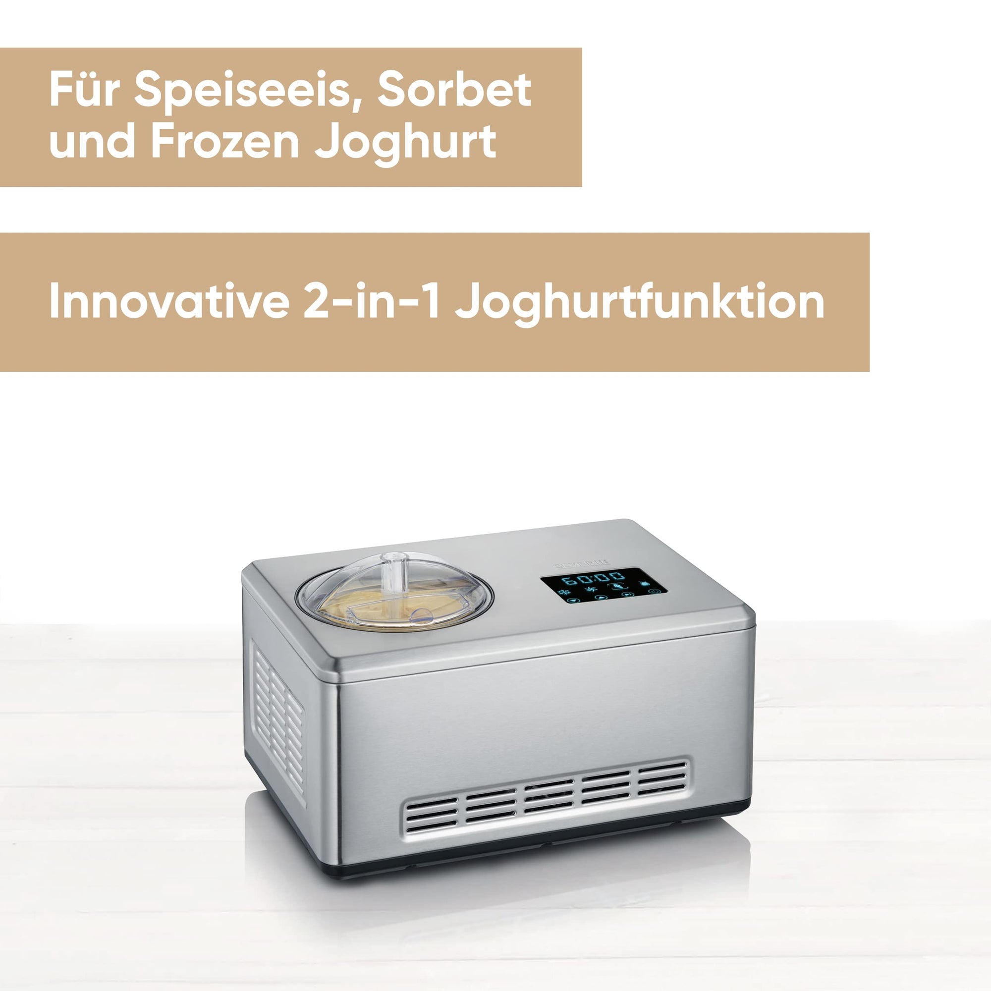 S EVE RIN EZ 7406 – 2-in-1 Eismaschine mit Joghurtfunktion, Kompressor, für Eis, Sorbet & Frozen Joghurt, 2 Behälter, Edelstahl gebürstet