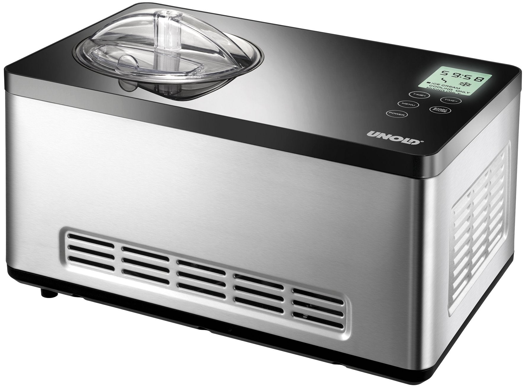 U NOLD 48845 Eismaschine Gusto - mit selbstkühlendem Kompressor, 180 W, 2 L Volumen, elegantes Edelstahlgehäuse, LCD-Display, Digitaler Timer