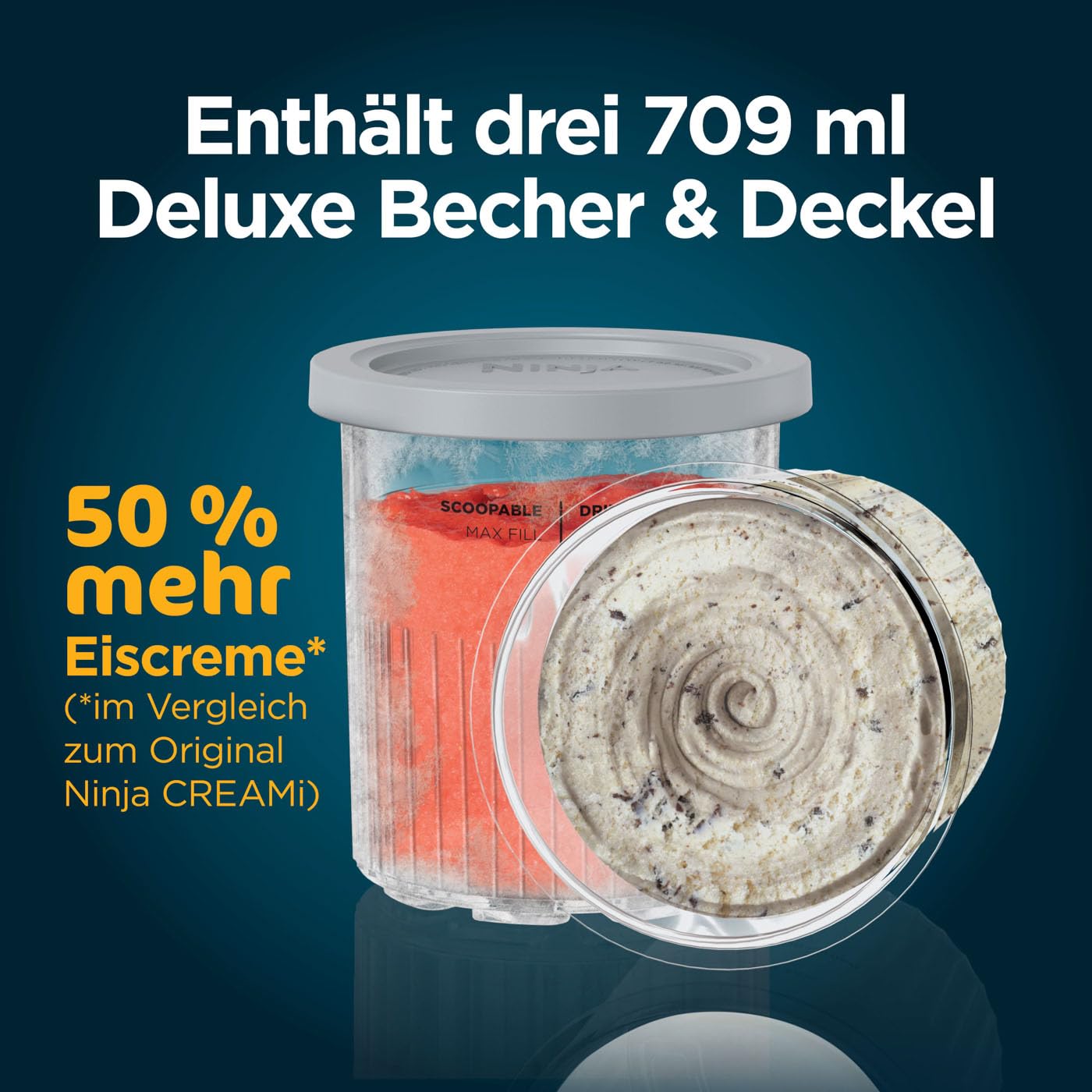 N i-nja CREAMi Deluxe NC501EU – Eis- & Getränkemaschine, 10 Funktionen, 3 Becher, Eiscreme, Gelato, Sorbet, Shakes, Slushies, 2-in-1 Geschmack, Silber