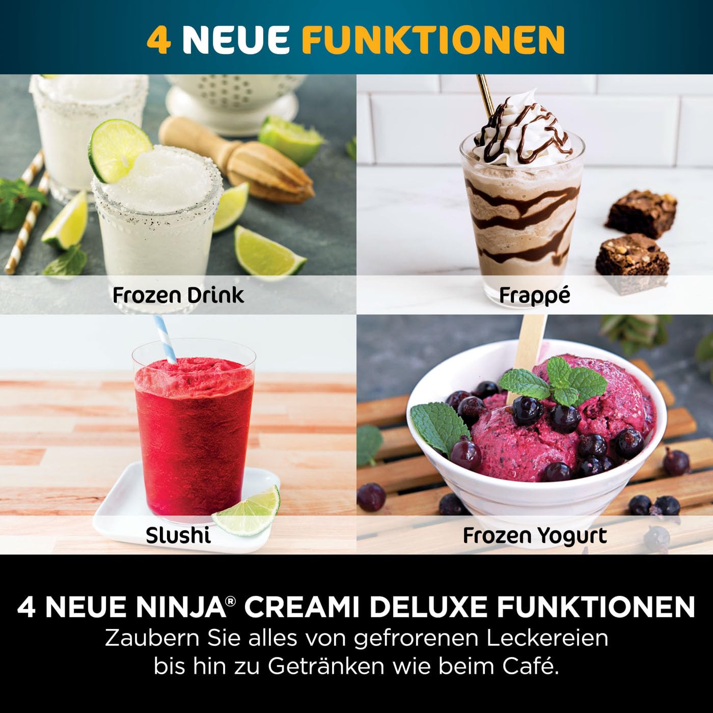 N i-nja CREAMi Deluxe NC501EU – Eis- & Getränkemaschine, 10 Funktionen, 3 Becher, Eiscreme, Gelato, Sorbet, Shakes, Slushies, 2-in-1 Geschmack, Silber