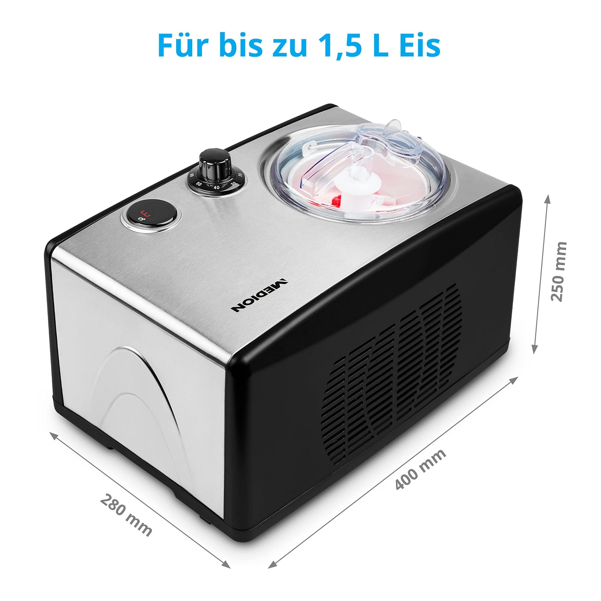 M E DION Eismaschine mit Kompressor (selbstkühlend, geeignet für die Zubereitung von Eiscreme, Frozen Yoghurt & Sorbet, 1,5 Liter, 150 Watt, MD 18387)