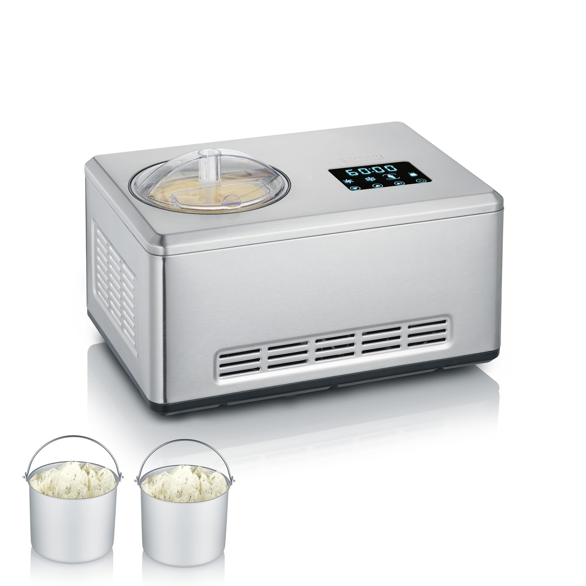 S EVE RIN EZ 7406 – 2-in-1 Eismaschine mit Joghurtfunktion, Kompressor, für Eis, Sorbet & Frozen Joghurt, 2 Behälter, Edelstahl gebürstet