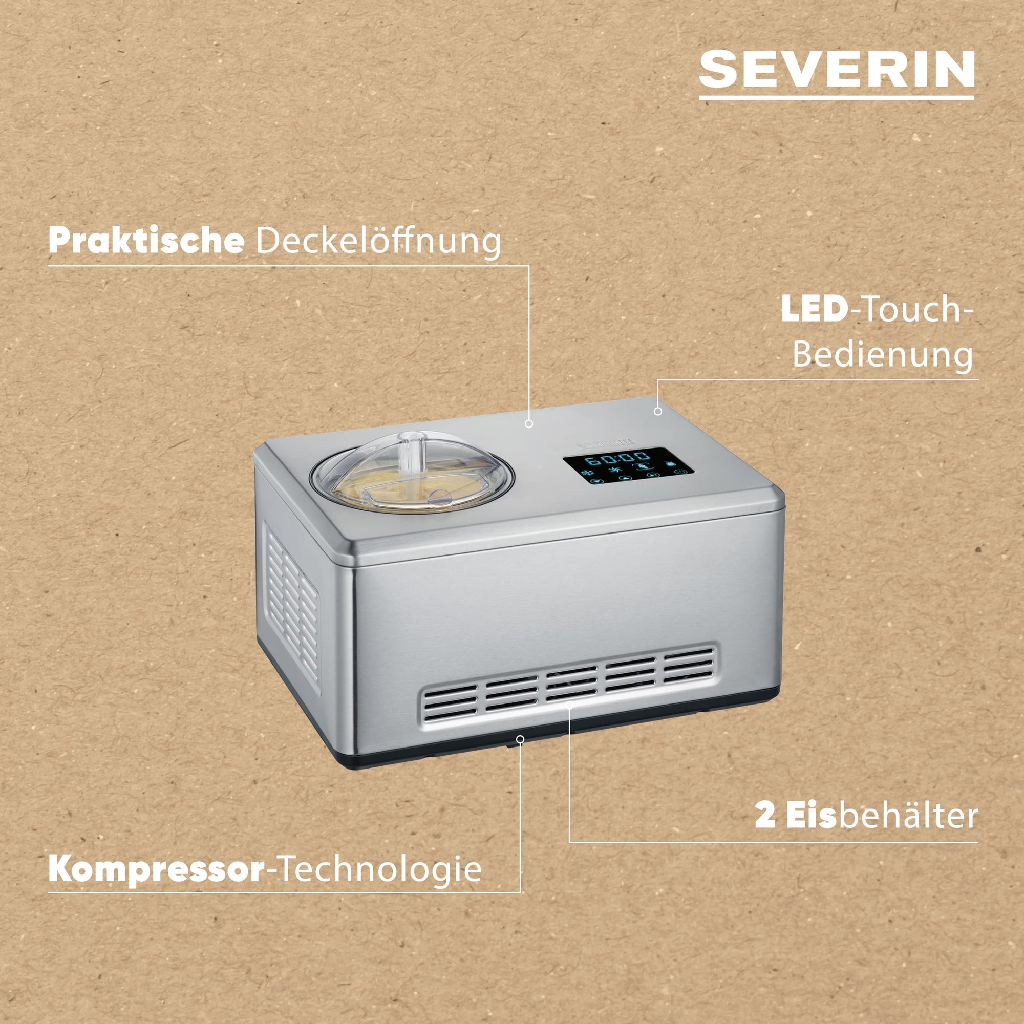 S EVE RIN EZ 7406 – 2-in-1 Eismaschine mit Joghurtfunktion, Kompressor, für Eis, Sorbet & Frozen Joghurt, 2 Behälter, Edelstahl gebürstet