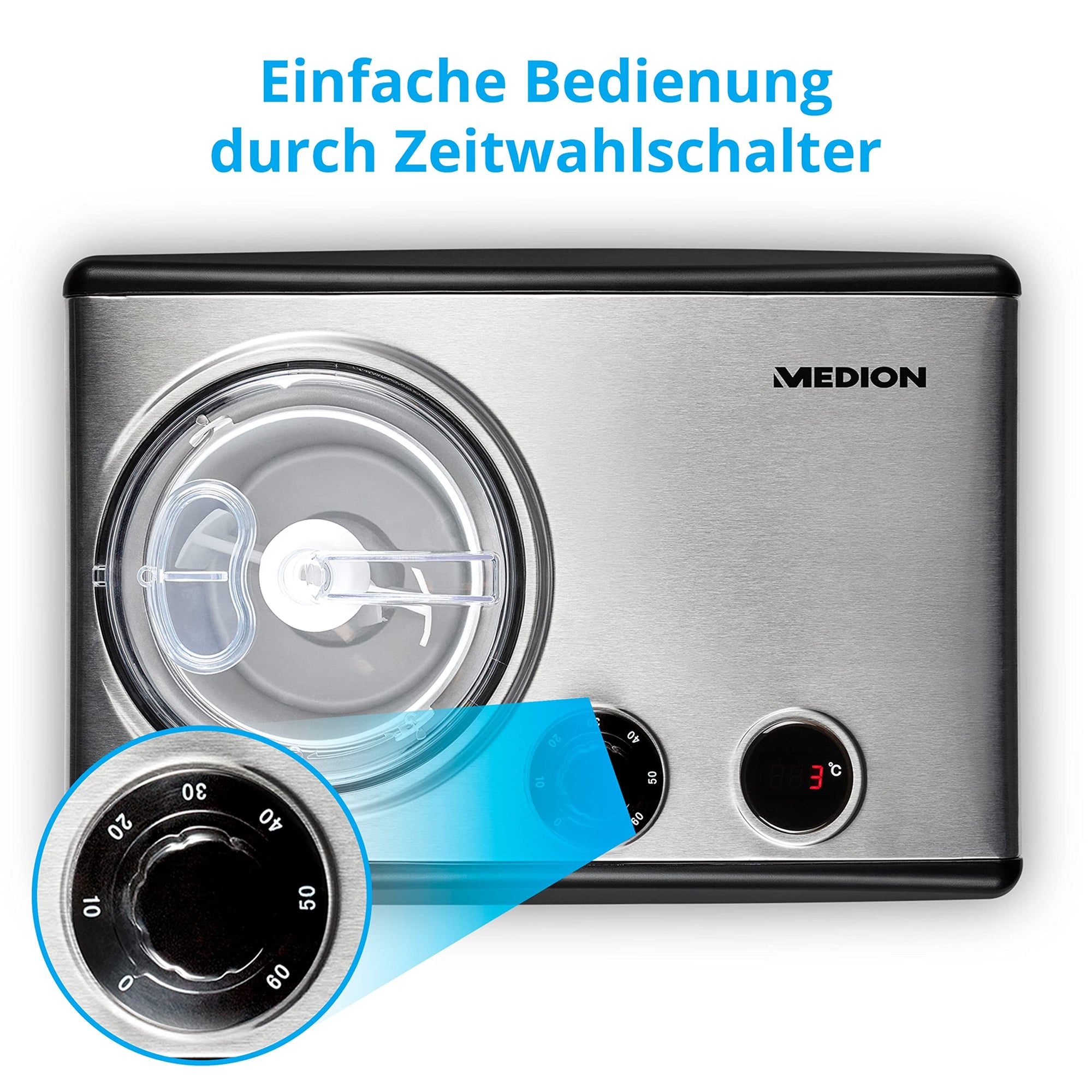 M E DION Eismaschine mit Kompressor (selbstkühlend, geeignet für die Zubereitung von Eiscreme, Frozen Yoghurt & Sorbet, 1,5 Liter, 150 Watt, MD 18387)