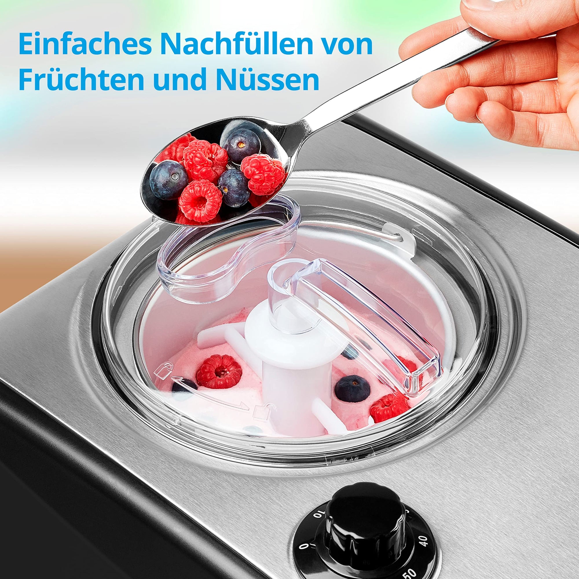 M E DION Eismaschine mit Kompressor (selbstkühlend, geeignet für die Zubereitung von Eiscreme, Frozen Yoghurt & Sorbet, 1,5 Liter, 150 Watt, MD 18387)