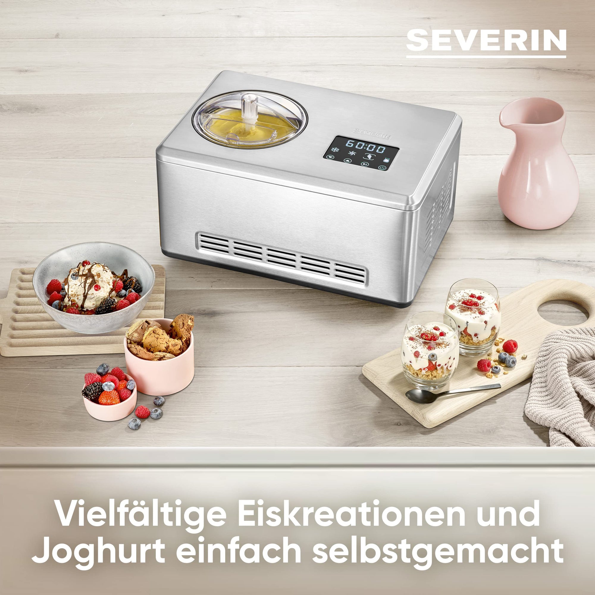 S EVE RIN EZ 7406 – 2-in-1 Eismaschine mit Joghurtfunktion, Kompressor, für Eis, Sorbet & Frozen Joghurt, 2 Behälter, Edelstahl gebürstet